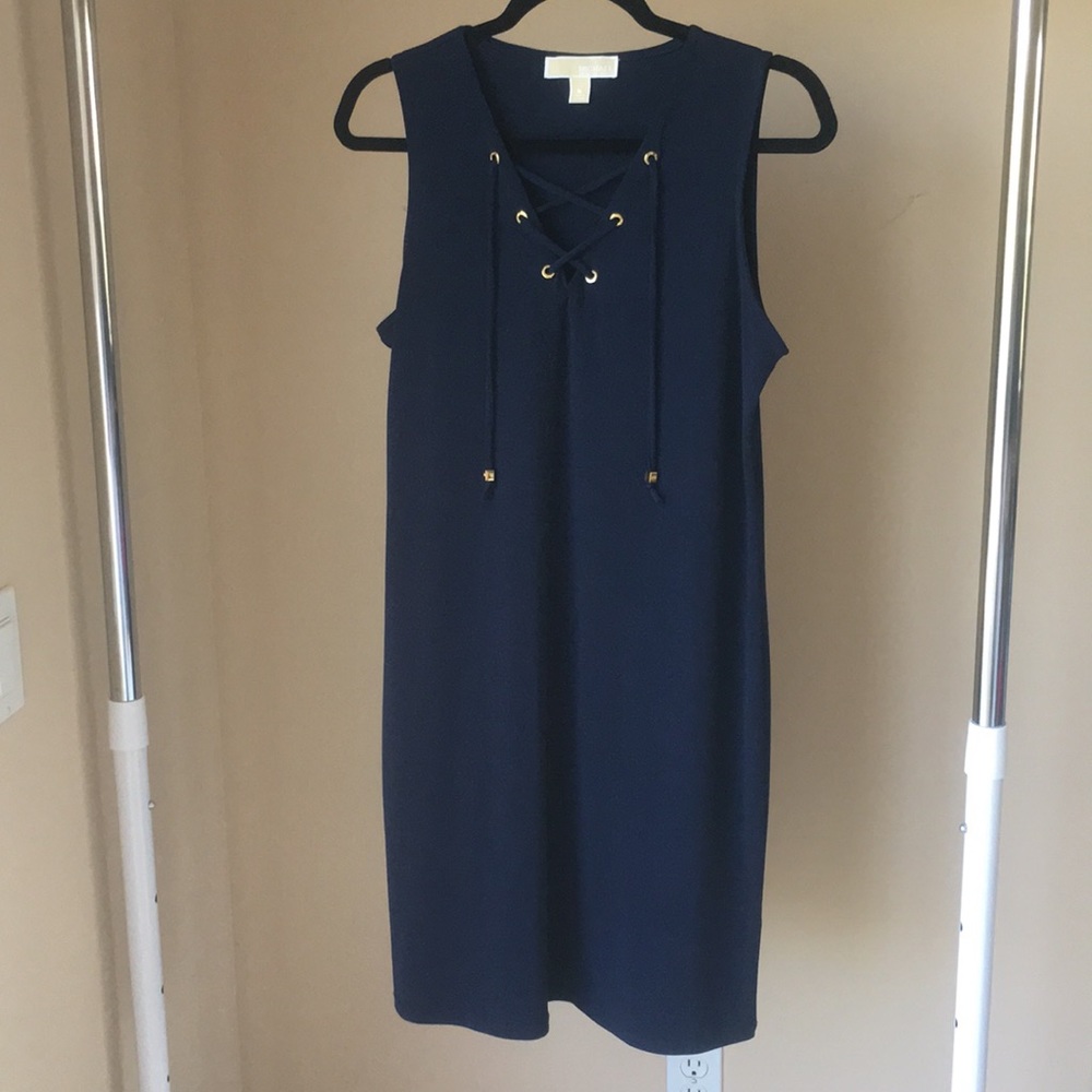 Michael Kors Blue and Gold Lace Up Tank Dress